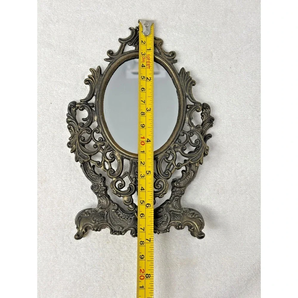 Vtg Ornate Cast Metal Vanity Mirror Tabletop Rococo Victorian Style Brass Finish